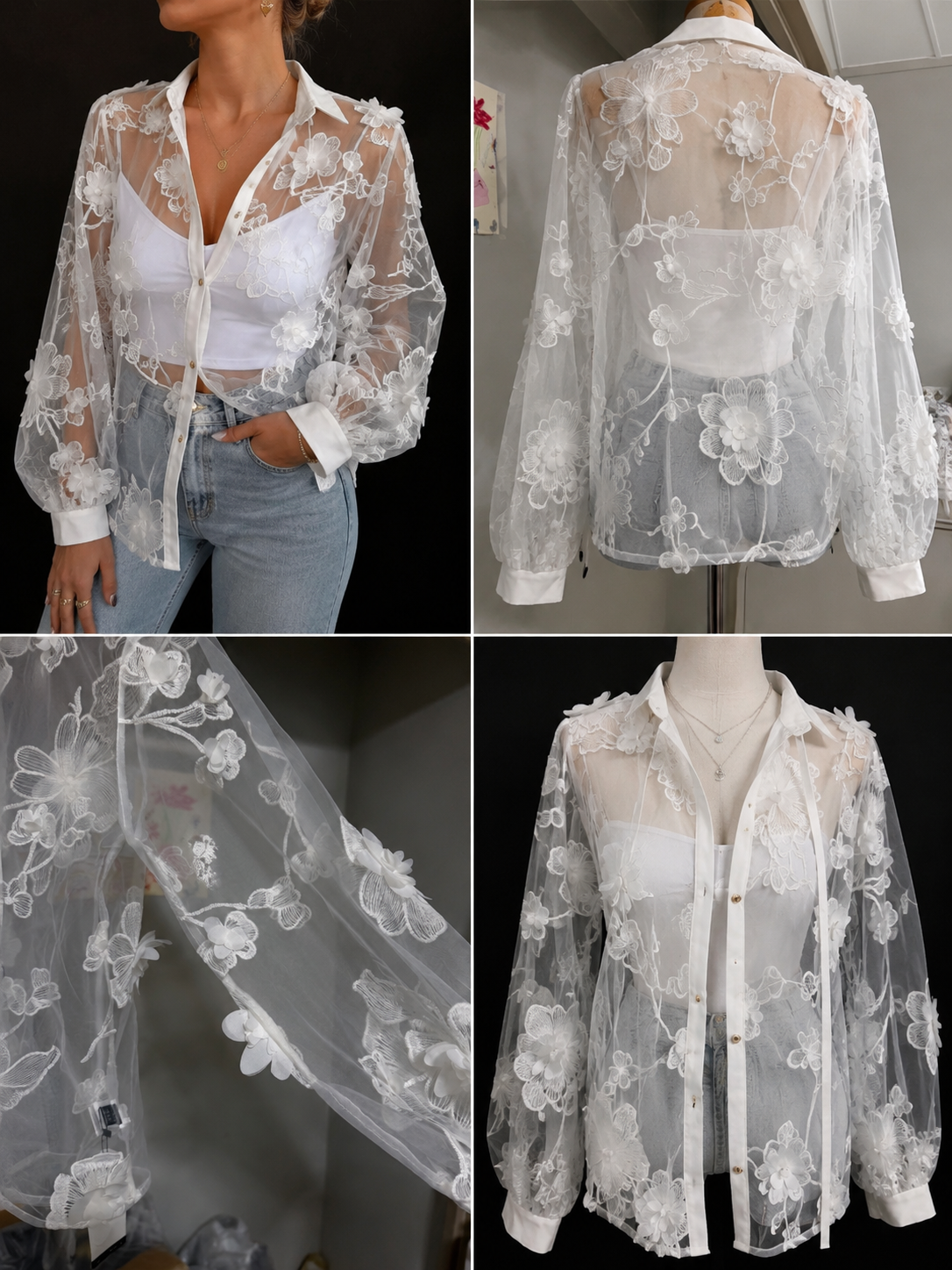 Chemisier voile brodé fleurs 3D – Blanc